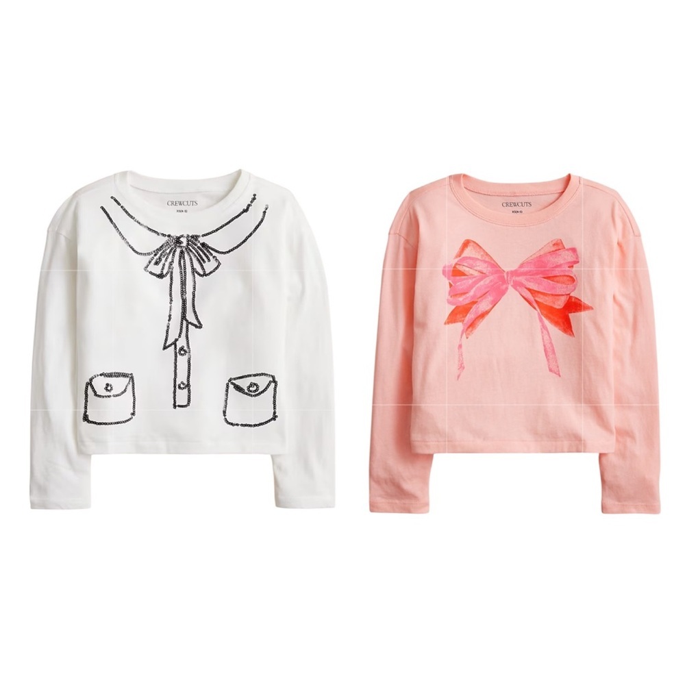 NEW CREWCUTS Girl’s Bundle (2) Long Sleeve T Shirts Bows Sequins Size Small 5-6